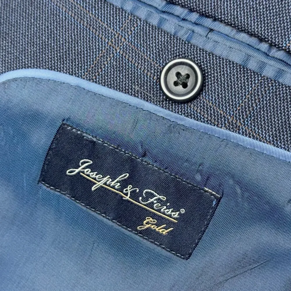 Joseph Feiss Gold Blazer Mens 54R Blue Windowpane Plaid Wool Suit Jacket